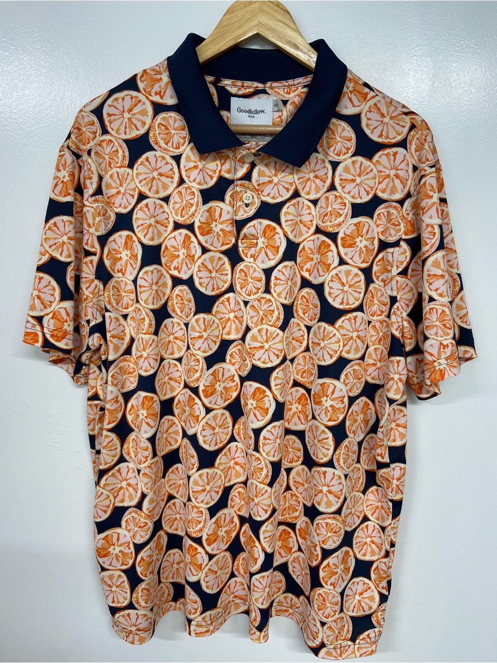 Goodfellow & Co Navy Polo Shirt with Orange Citrus Print Size XXL